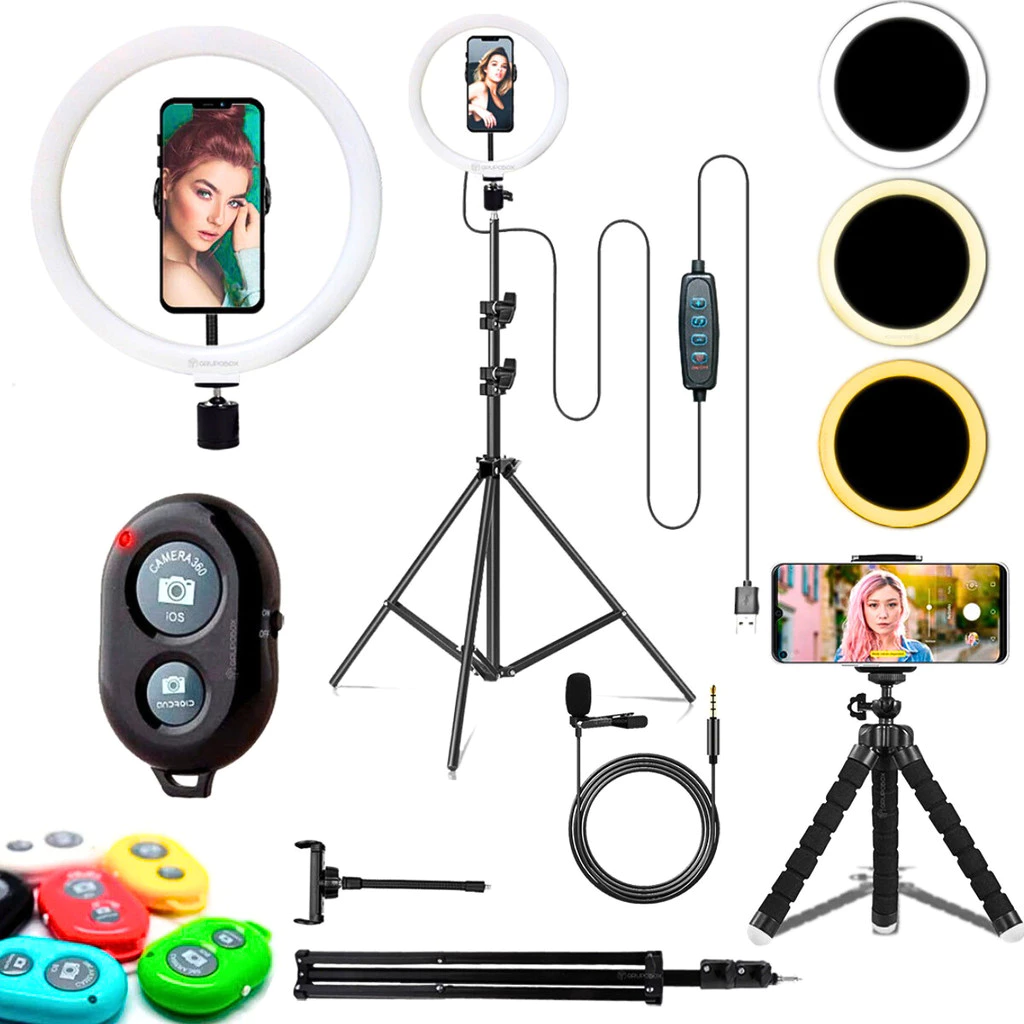 Tripe com Ring Light, Microfone de Lapela e Tripe pequeno para Celular